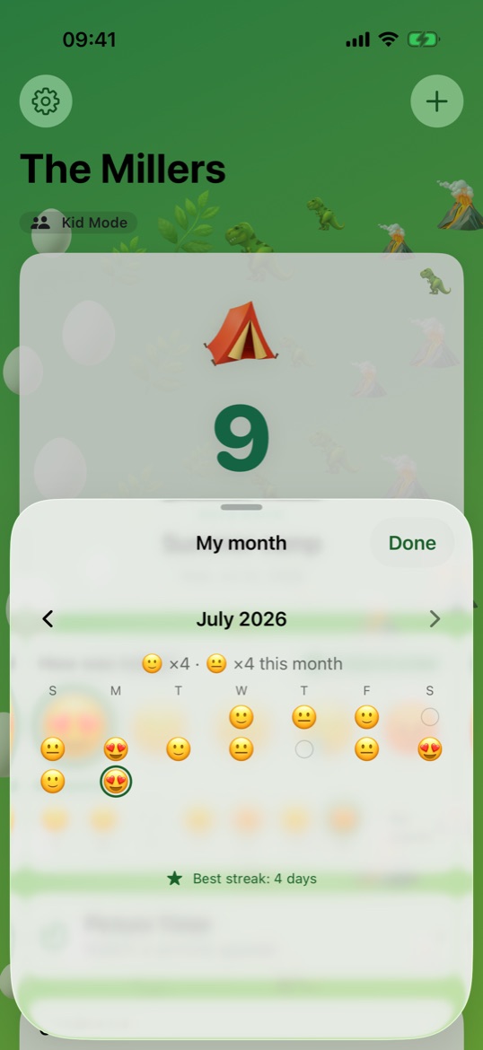 The 'My month' sheet in the Dino theme: a July mood calendar with the month's check-ins counted up.
